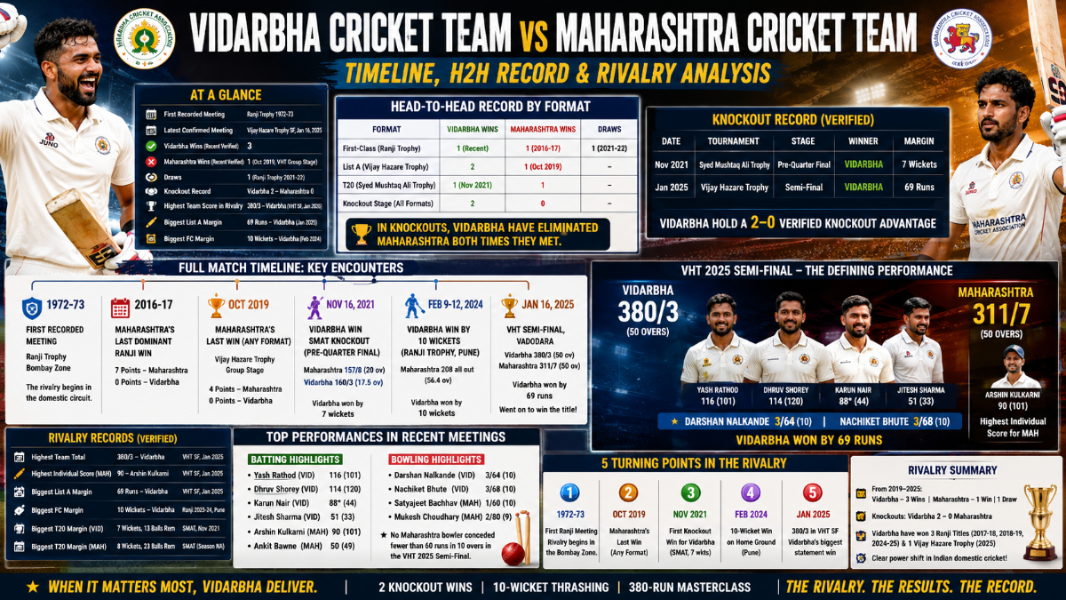 Vidarbha Cricket Team vs Maharashtra Cricket Team: Complete Timeline, H2H Record and Rivalry Analysis