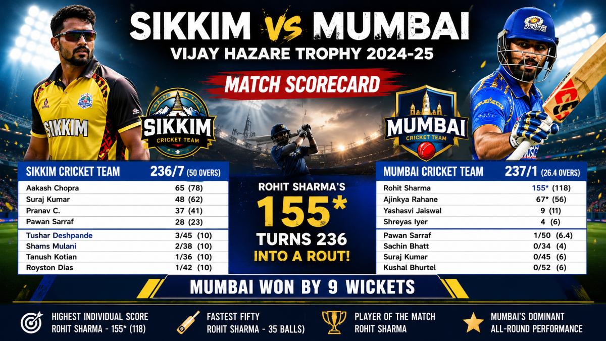 Sikkim Cricket Team vs Mumbai Cricket Team Match Scorecard: Rohit Sharma’s 155* Turns a Gritty 236 Into a Statement Win