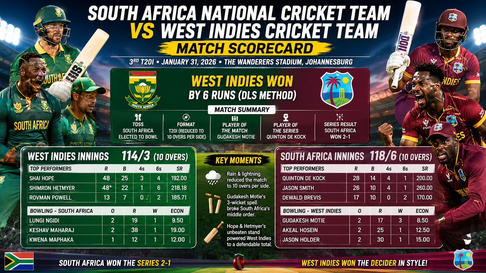 South Africa National Cricket Team vs West Indies Cricket Team Match Scorecard: West Indies Win Series Decider by 6 Runs at The Wanderers